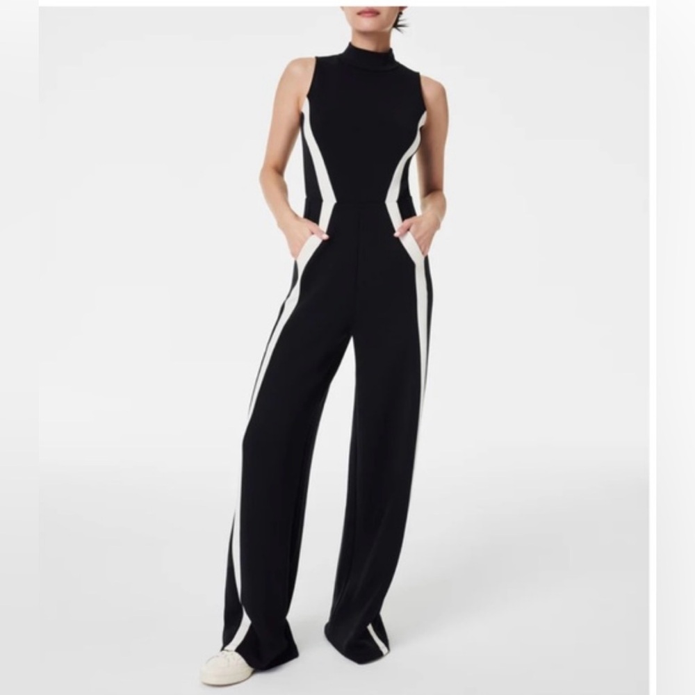 Spanx AirEssentials Mock Neck Striped Track Jumpsuit Very Black Wide Leg Romper
